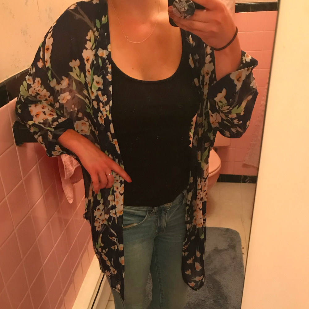Navy Kimono with White Flowers